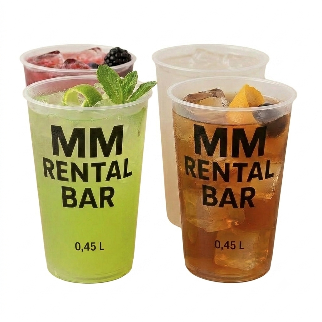 Fire MM Rental Bar branded plastik drinksglas på 0,45 L fyldt med farverige cocktails