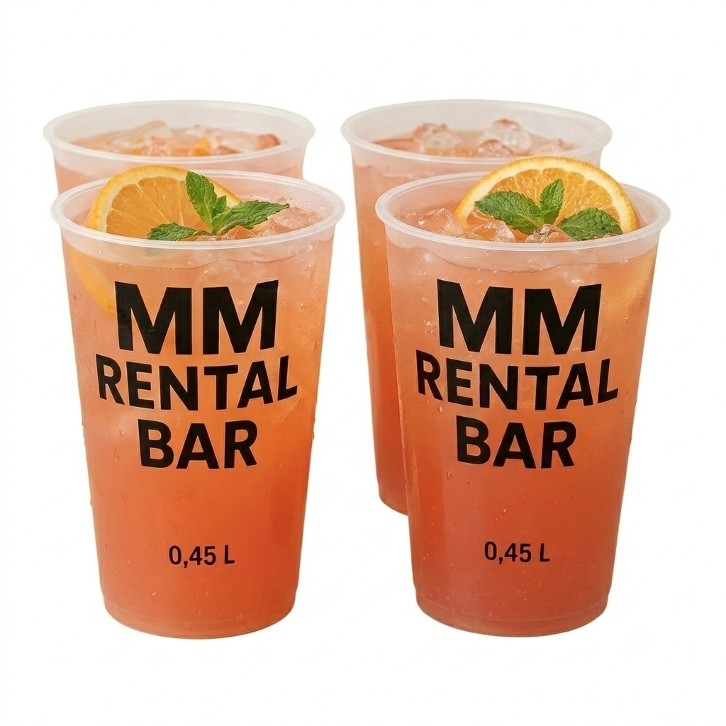 MM Rental Bar branded plastik drinksglas på 0,45 L med frisk cocktail og citrus